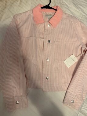 Soft Pink Striped Jean Jacket by Free Assembly
